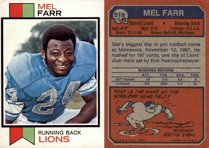 Mel Farr Ford (Northland Ford) - 1973 Football Trading Card (newer photo)